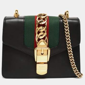 Pre Owned Gucci Black Leather Mini Web Chain Sylvie Crossbody Bag