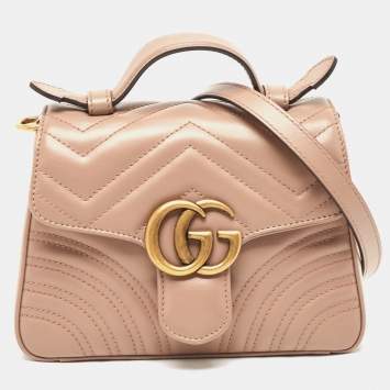 Pre Owned Gucci Beige Matelasse Leather Mini GG Marmont Top Handle Bag
