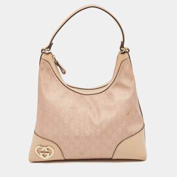 Pre Owned Gucci Beige/Metallic Pink GG Canvas and Leather Medium Lovely Hobo