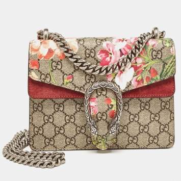 Pre Owned Gucci Burgundy/Beige GG Supreme Canvas and Suede Mini Blooms Dionysus Shoulder Bag