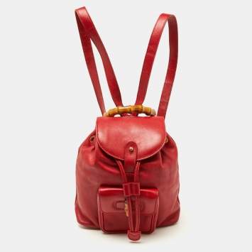 Pre Owned Gucci Red Leather Mini Vintage Bamboo Handle Backpack 