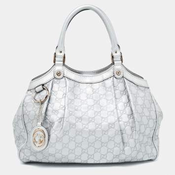 Pre Owned Gucci Silver Guccissima Leather Medium Sukey Tote