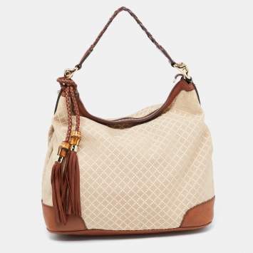 Pre Owned Gucci Brown/Beige Diamante Canvas and Leather Eva Hobo