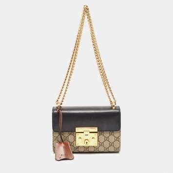 Pre Owned Gucci Black/Beige GG Supreme Canvas and Leather Small Padlock Shoulder Bag
