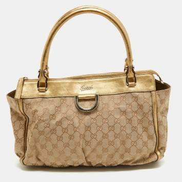 Pre Owned Gucci Gold/Beige GG Canvas and Leather D Ring Tote
