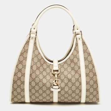 Pre Owned Gucci White/Beige GG Supreme Canvas and Patent Leather Joy Shoulder Bag