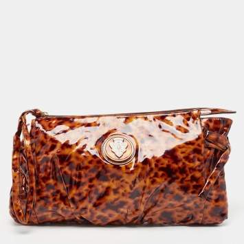 Pre Owned Gucci Brown Leopard Print Patent Leather Large Hysteria Clutch