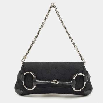 Pre Owned Gucci Black GG Canvas and Leather Horsebit Chain Clutch