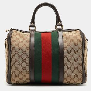 Pre Owned Gucci Brown/Beige GG Canvas and Leather Medium Vintage Web Boston Bag