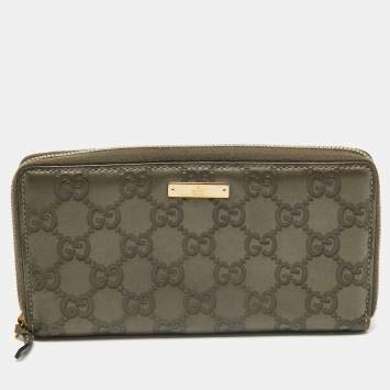 Pre Owned Gucci Olive Green Guccissima Leather Zip Around Continental Wallet