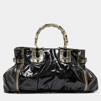 Pre Owned Gucci Black/Gun Metal Coated Fabric and Patent Leather Pop Bamboo Handle Tote