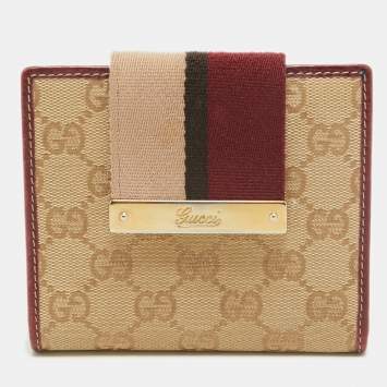 Pre Owned Gucci Beige/Burgundy GG Canvas and Leather Web Flap French Wallet