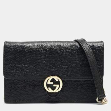 Pre Owned Gucci Black Leather Interlocking G Wallet On Chain