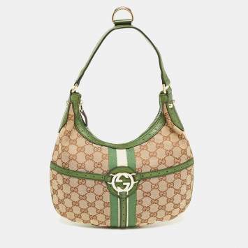 مملوكة مسبقًا Gucci Green/Beige GG Canvas and Leather Reins Hobo