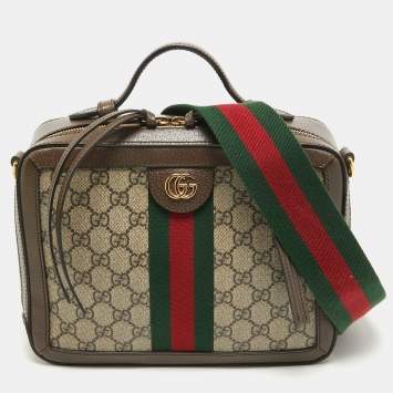 Pre Owned Gucci Beige/Ebony GG Supreme Canvas and Leather Small Ophidia Top Handle Bag
