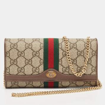 Pre Owned Gucci Beige/Brown GG Supreme Canvas and Leather Ophidia Wallet on Chain
