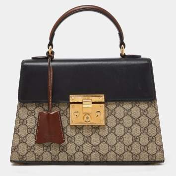 Pre Owned Gucci  Beige/Black GG Supreme Canvas and Leather Small Padlock Top Handle Bag