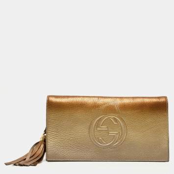 Pre Owned Gucci Ombre Gold Leather Soho Tassel Clutch