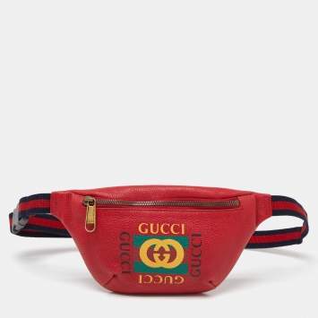 Pre Owned Gucci Red Leather Logo Web Belt Bag