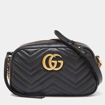 Pre Owned Gucci Black Matelassé Leather Small GG Marmont Camera Bag