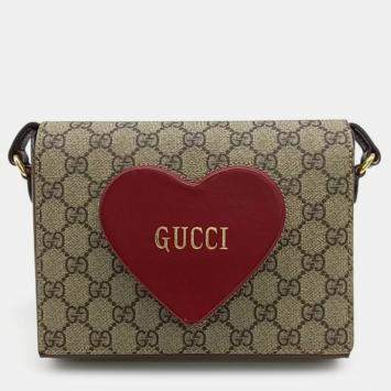 Pre Owned Gucci Beige/Red GG Canvas and Leather Heart Wallet on Chain