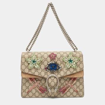 Pre Owned Gucci Beige GG Supreme Canvas and Suede Medium Dubai Exclusive Dionysus Embellished Shoulder Bag