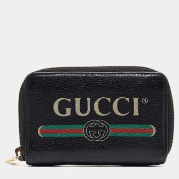 Pre Owned Gucci Black Leather Logo Zip Purse 