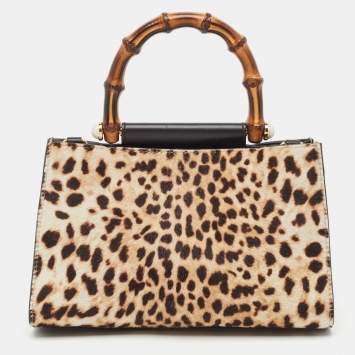 Pre Owned Gucci Beige/Black Leopard Print Calfhair and Leather Mini Nymphaea Bamboo Top Handle Bag