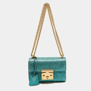 Pre Owned Gucci Metallic Teal Crinkled Leather Small Padlock Shoulder Bag
