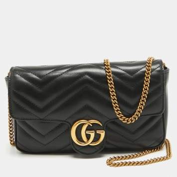 Pre Owned Gucci Black Matelasse Leather Mini GG Marmont Shoulder Bag