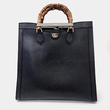 Pre Owned Gucci Black Leather Large Diana Tote Bag