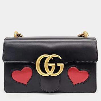 Pre Owned Gucci Black Leather Medium Heart GG Marmont Shoulder Bag
