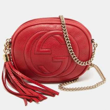 Pre Owned Gucci Red Leather Mini Soho Disco Chain Crossbody Bag