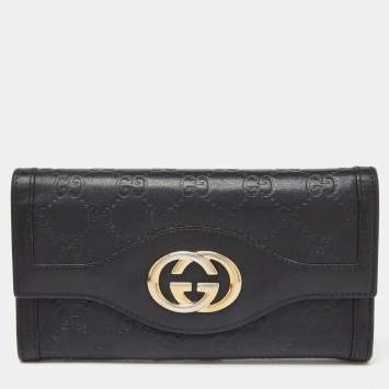 Pre Owned Gucci Black Guccissima Leather Flap Continental Wallet