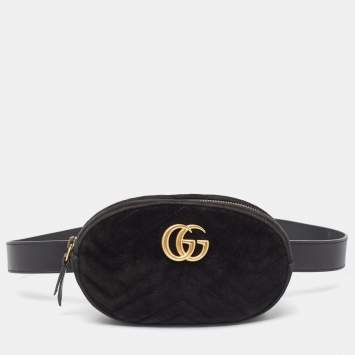 Pre Owned Gucci Black Matelassé Velvet and Leather Mini GG Marmont Belt Bag