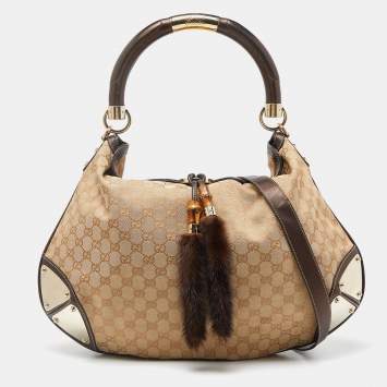 Pre Owned Gucci Beige/Dark Brown GG Canvas and Leather/Mink Fur Large Babouska Indy Hobo