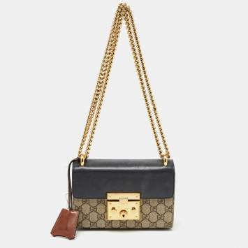 Pre Owned Gucci Beige/Black GG Supreme Canvas and Leather Small Padlock Shoulder Bag