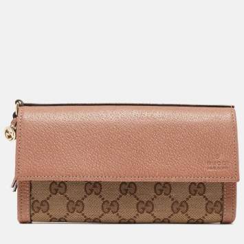 Pre Owned Gucci Beige/Brown GG Canvas and Leather Interlocking G Flap Wallet