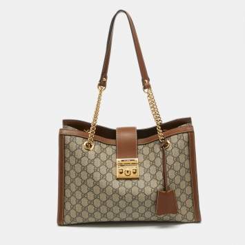 Pre Owned Gucci Beige/Brown GG Supreme Canvas and Leather Medium Padlock Tote