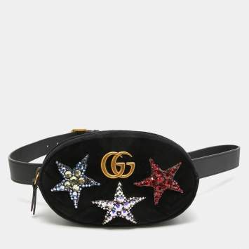 Pre Owned Gucci Black Matelassé Velvet Star Crystal GG Marmont Belt Bag