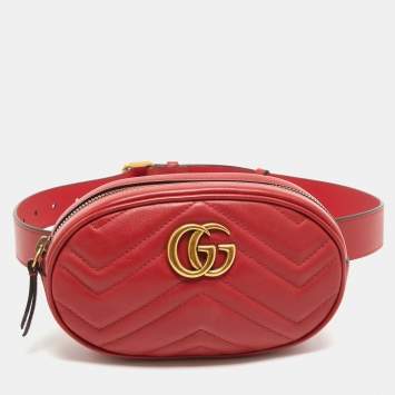 Pre Owned Gucci Red Matelassé Leather GG Marmont Belt Bag