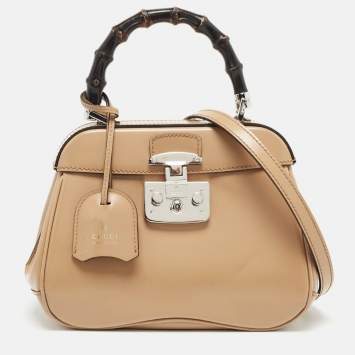 Pre Owned Gucci Beige Glossy Leather Mini Lady Lock Bamboo Top Handle Bag