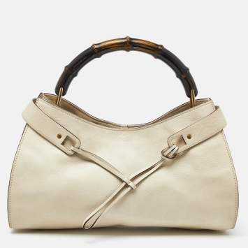 Pre Owned Gucci Cream Leather Bamboo Top Handle Bag