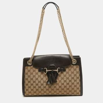 Pre Owned Gucci Brown/Beige GG Canvas and Leather Large Emily Shoulder Bag