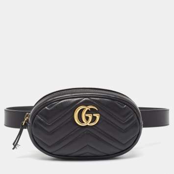 Pre Owned Gucci Black Matelassé Leather Mini GG Marmont Belt Bag