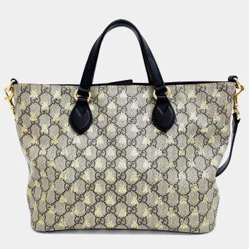 Pre Owned Gucci Black/Beige GG Canvas Bee Tote Bag