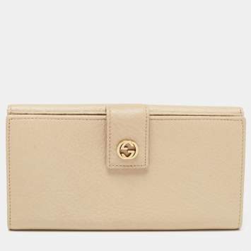 Pre Owned Gucci Beige Leather Interlocking G Wallet