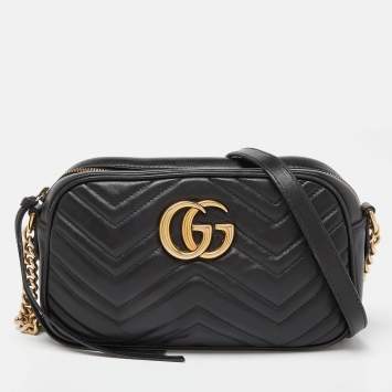 Pre Owned Gucci Black Matelassé Leather GG Marmont Camera Crossbody Bag