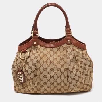 Pre Owned Gucci Beige/Brown GG Canvas and Leather Medium Sukey Tote