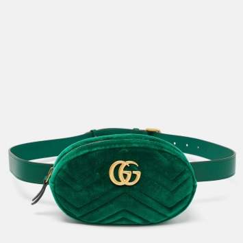 Pre Owned Gucci Green Matelassé Velvet Mini GG Marmont Belt Bag